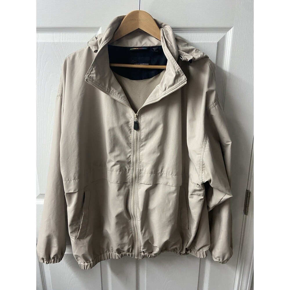 Greg Norman Full Zip Windbreaker Golf Jacket Mens Large Tan Hooded